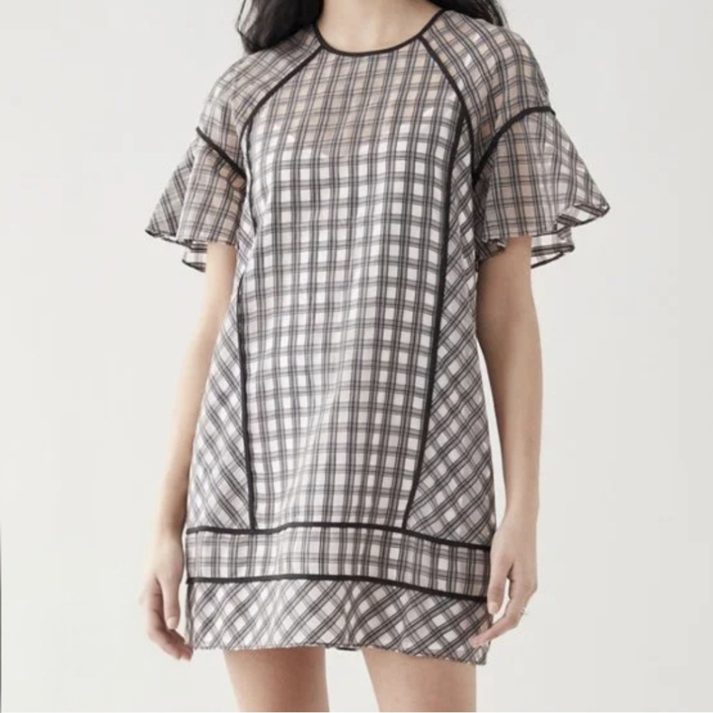 NWT, CLUB MONACO BLACK TAUPE, IVORY COTTON & SILK PLAID SWING DRESS, SIZE US 6